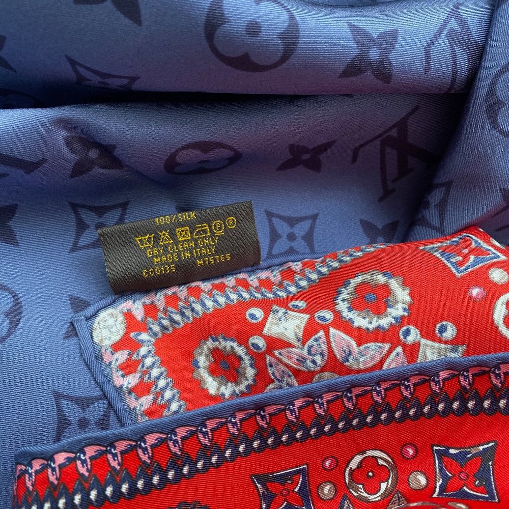 Louis Vuitton Wrap Monogram Logo Oversize Square Blue Silk Scarf - Picture 15 of 16